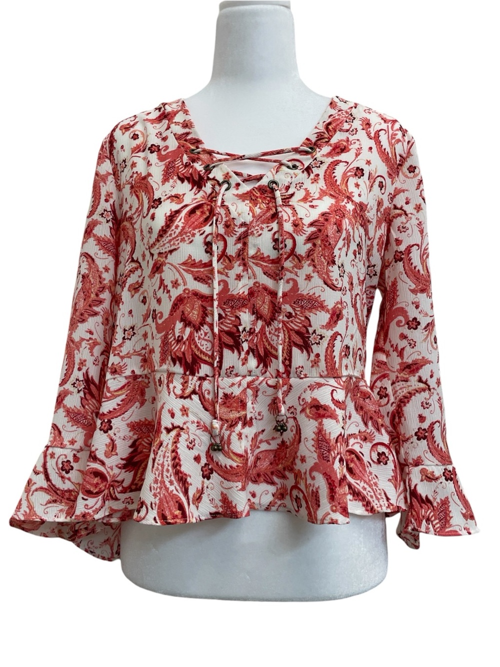 Frye White & Pink-Red Floral Crepe Boho Peasant Blouse